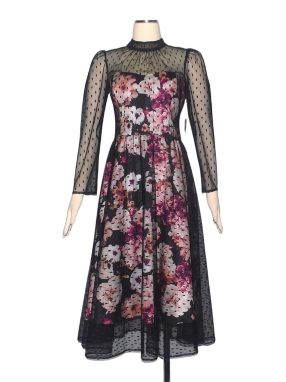 ELIZA J Black Floral Sheer Illusion Mesh Yoke Dot Overlay Midi Cocktail Dress 8
